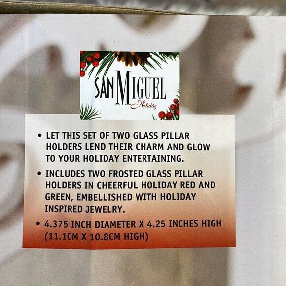San Miguel Holiday Two Frosted Glass Pillar Candle Holders, Red and Green - Picture 4 of 6